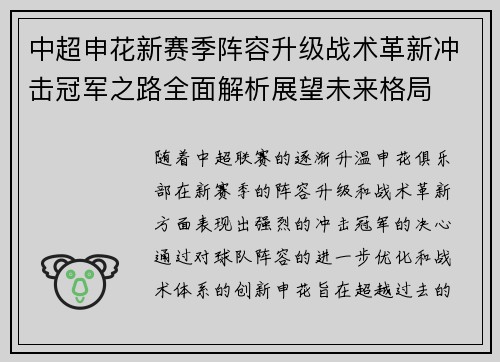 中超申花新赛季阵容升级战术革新冲击冠军之路全面解析展望未来格局